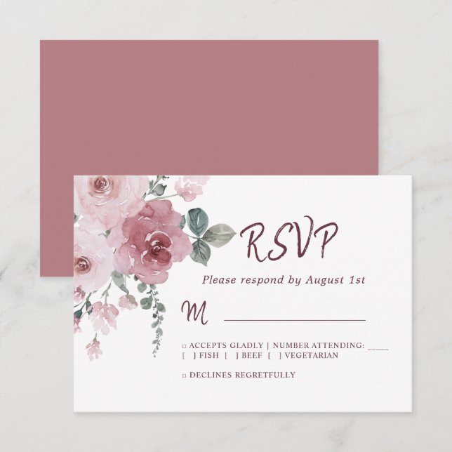 Floral Burgundy Dusty Pink Rose Wedding RSVP  (Front/Back)