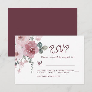 Floral Burgundy Dusty Pink Rose Wedding RSVP Card