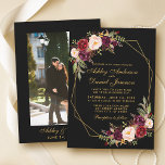 Floral Burgundy Geometric Black Gold Photo Wedding Invitation<br><div class="desc">Modern Elegant Watercolor Burgundy Floral Black and Gold Geometric Frame Wedding Invitation - Photo Back</div>