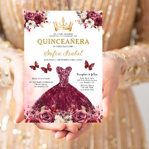 Floral Burgundy Gold Bilingual Spanish Quinceanera Invitation