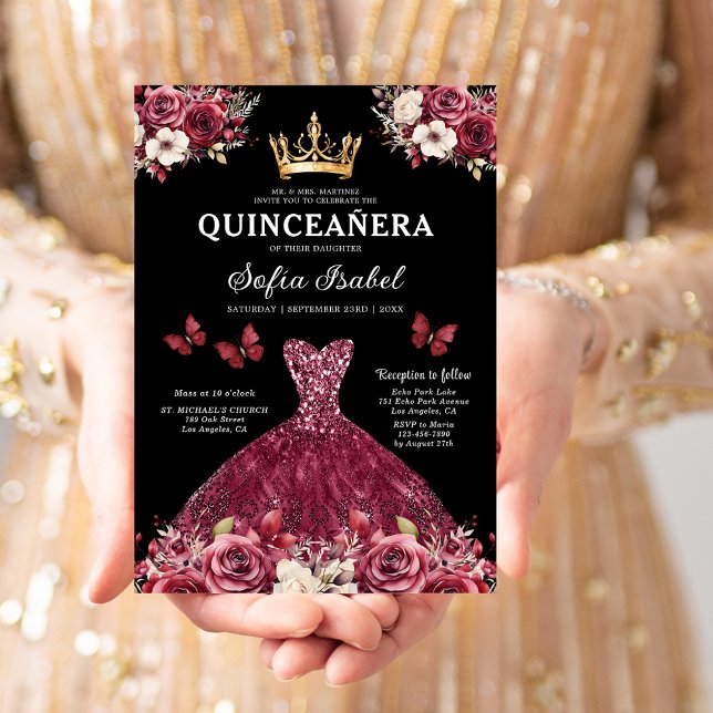 Floral Burgundy Gold Bilingual Spanish Quinceanera Invitation (Creator Uploaded)