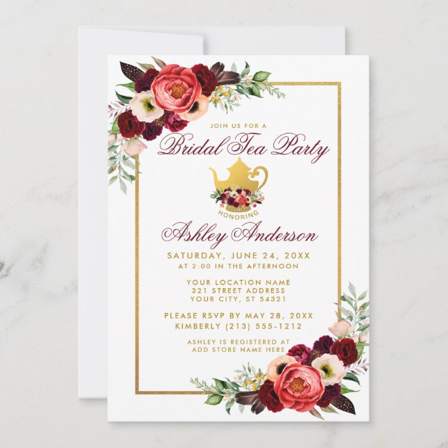 Floral Burgundy Gold Boho Bridal Shower Tea Party Invitation (Front)