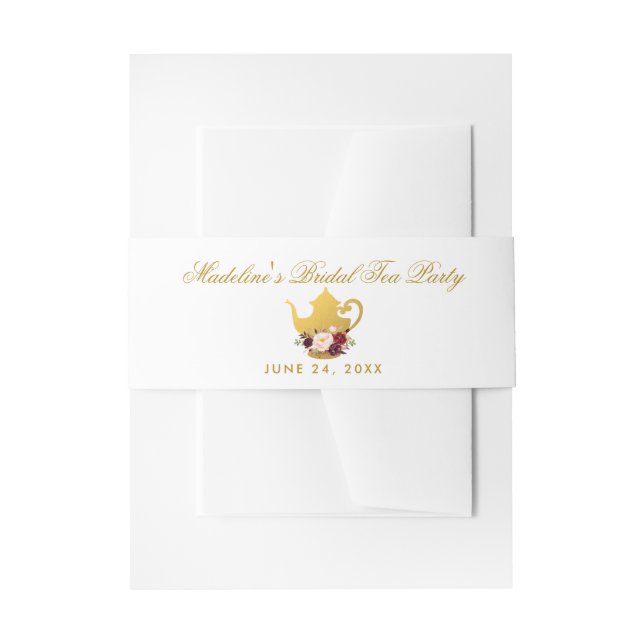 Floral Burgundy Gold Bridal Shower Tea Party Invitation Belly Band (Front Example)