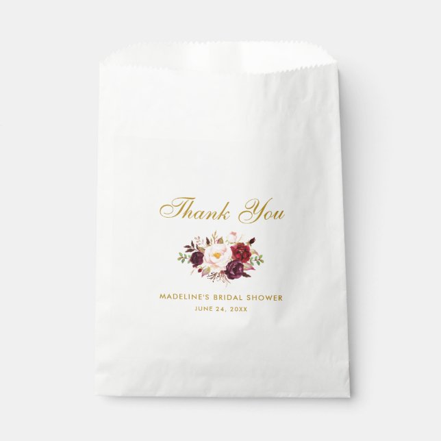 Floral Burgundy Gold Bridal Shower Thanks Favour Bag (Front)