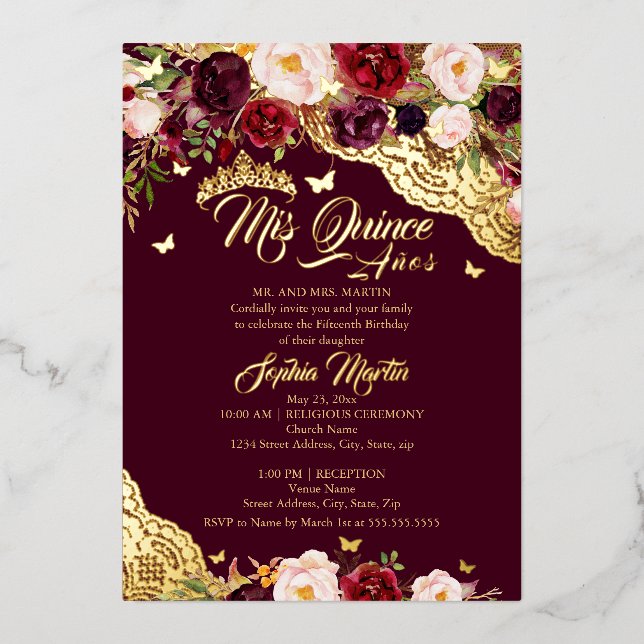 Floral Burgundy Gold Butterfly Lace Quinceanera (Front)