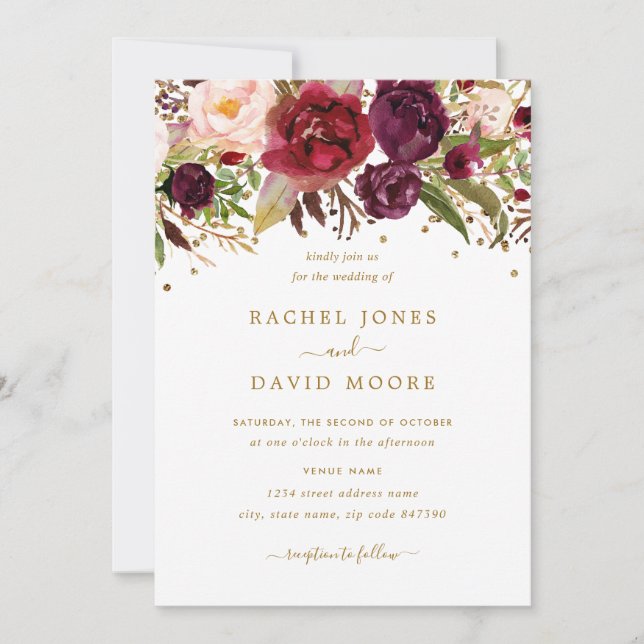 Floral Burgundy Gold Confetti Wedding Invitation (Front)