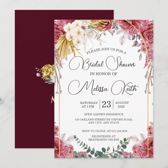 Floral Burgundy Gold Eucalyptus Bridal Shower Invitation (Front/Back)