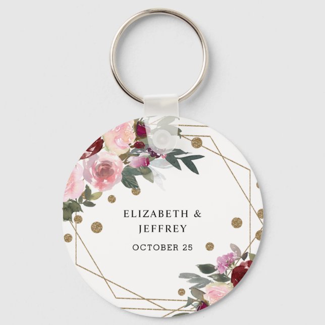 Floral Burgundy Gold Glitter Geometric Wedding Key Keychain (Front)