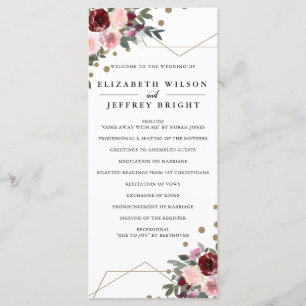 Floral Burgundy Gold Glitter Geometric Wedding Program