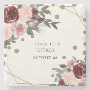 Floral Burgundy Gold Glitter Geometric Wedding Stone Coaster