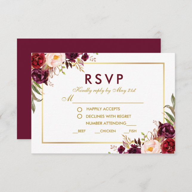 Floral Burgundy Gold Mariage Repas RSVP BG (Devant / Derrière)