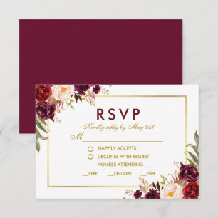 Floral Burgundy Gold Mariage Repas RSVP BG