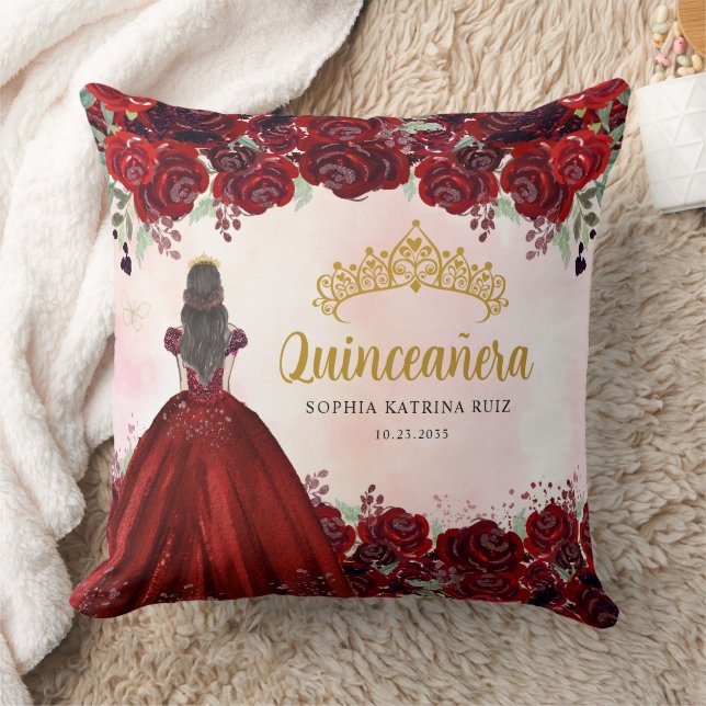 Floral Burgundy Gold Princess Tiara Quinceanera  Throw Pillow (Blanket)