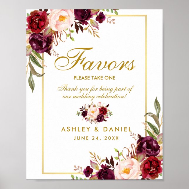 Floral Burgundy Gold Wedding Favours Poster (Front)