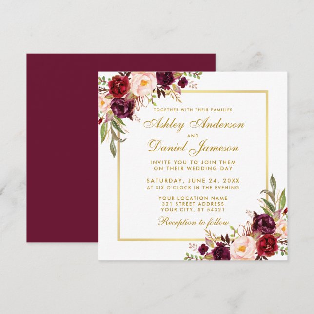 Floral Burgundy Gold Wedding Invite Card G (Front/Back)