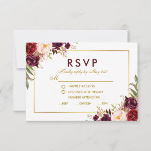 Floral Burgundy Gold Wedding Meal RSVP B Card