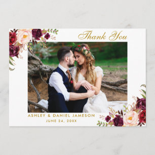 Floral Burgundy Gold Wedding Photo Thank You Card