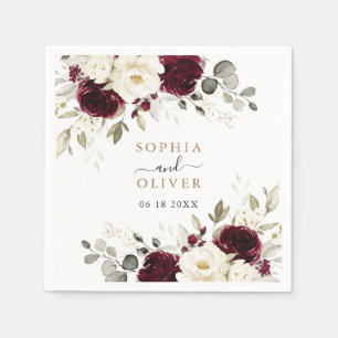 Floral Burgundy Greenery Gold Personalized Wedding Napkin