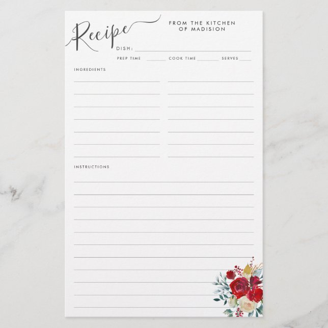 Floral Burgundy Holly Holiday Kitchen Recipe Sheet (Front)