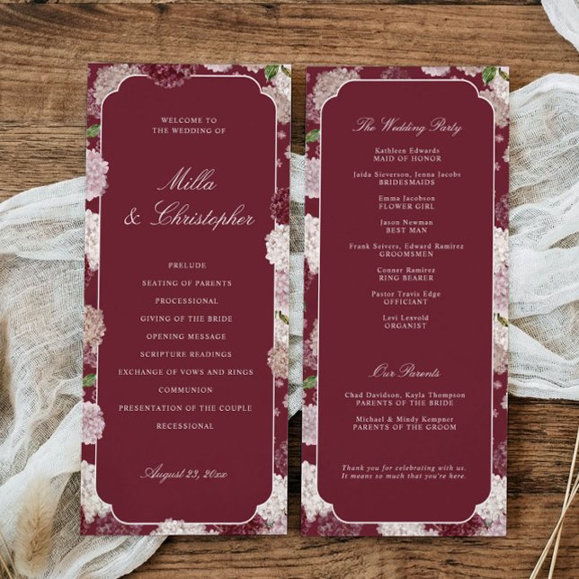 Floral Burgundy Hydrangea Fall Winter Wedding Program (Burgundy hydrangea wedding program with order of ceremony and wedding party details)