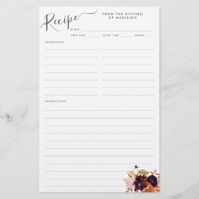 Floral Burgundy Magenta Purple Kitchen Recipe Card (Front)