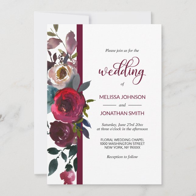 Floral Burgundy Marsala Red Wine Roses Wedding Invitation (Front)