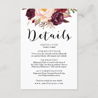 Floral Burgundy Marsala Wedding Details Card
