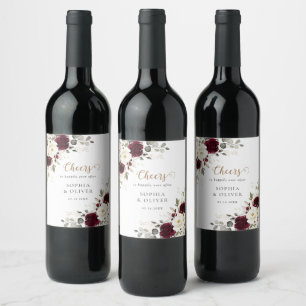 Floral Burgundy Merlot Greenery Wedding Wine Label