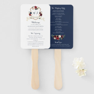 Floral Burgundy Navy Blue Greenery Elegant Crest Hand Fan
