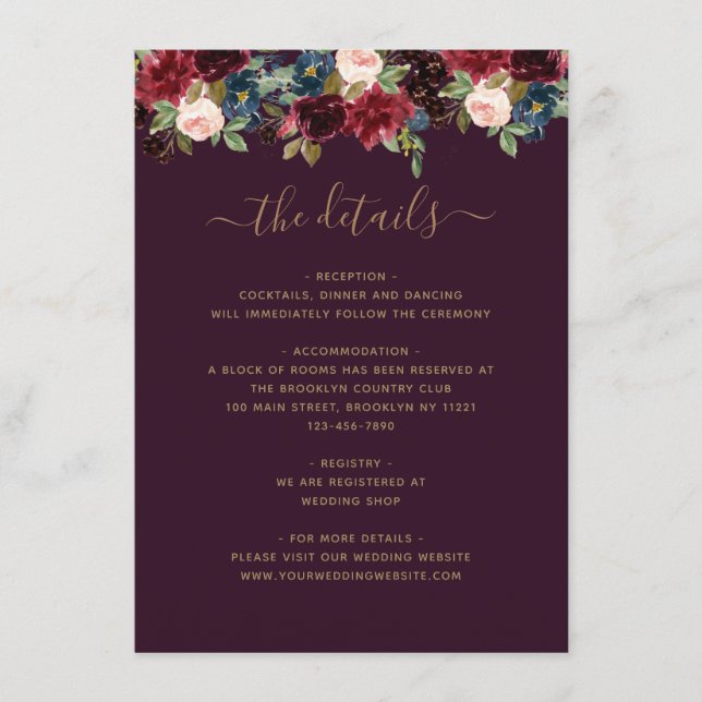 Floral Burgundy Navy Blue Plum Jewel Tone Wedding Enclosure Card (Front)