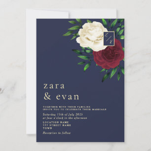 Floral Burgundy Navy Blue Wedding  Invitation