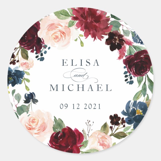 Floral Burgundy Navy Blush Personalized Classic Round Sticker (Front)