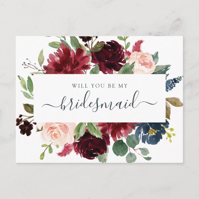 Floral Burgundy Navy Bouquet Will You Be My Holiday Postcard (Front)