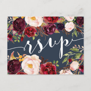 Floral Burgundy Navy Wedding RSVP Postcard