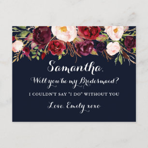 Floral Burgundy Navy Will You Be My Bridesmaid Invitation