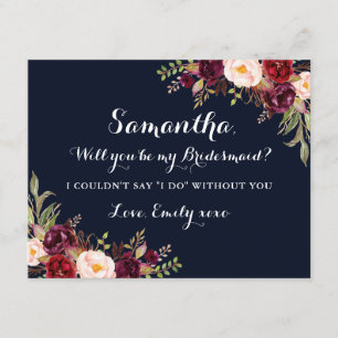 Floral Burgundy Navy Will You Be My Bridesmaid Invitation