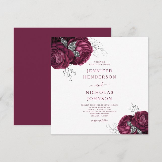 Floral Burgundy Peonies Elegant Wedding Invitation (Front/Back)