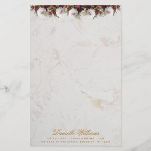 Floral Burgundy Peonies Marble Elegant Script Stationery