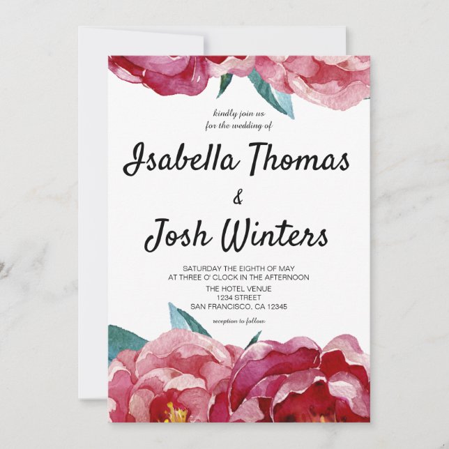 Floral Burgundy Peony Faire-part de mariage (Devant)