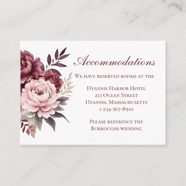  Floral Burgundy Peony Wedding Accommodations Enclosure Card (Front)