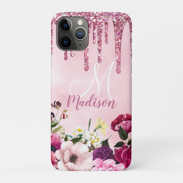 Floral Burgundy pink dripping glitter monogram Case-Mate iPhone Case (Back)