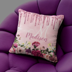 Floral Burgundy pink dripping glitter monogram Throw Pillow