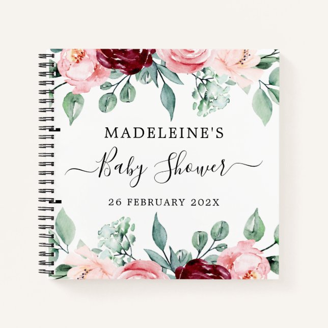 Floral Burgundy Pink Elegant Baby Shower Guestbook Notebook (Front)