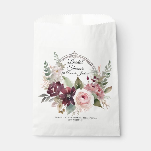 Floral Burgundy Pink Fall Leaves Bridal Shower Favour Bag (Front)