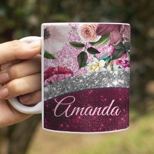 floral Burgundy pink silver faux glitter monogram Coffee Mug