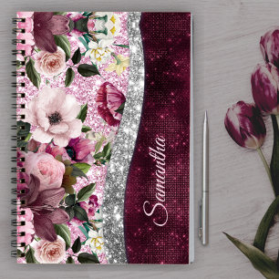floral Burgundy pink silver faux glitter monogram Notebook