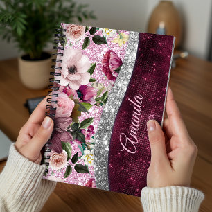 floral Burgundy pink silver faux glitter monogram Planner