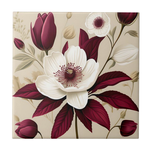 Floral Burgundy Plant Botanical Tile (Front)