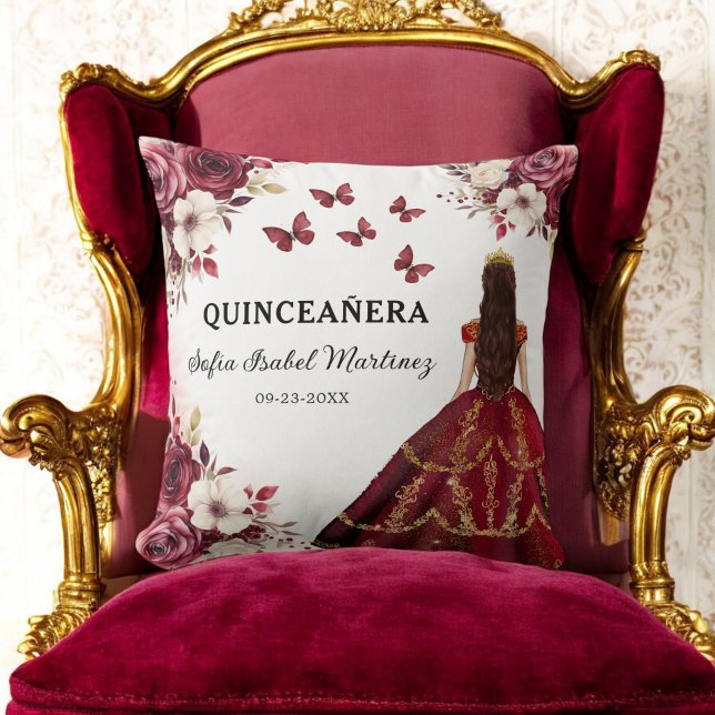 Floral Burgundy Princess Quinceanera Birthday Throw Pillow (Creator Uploaded)