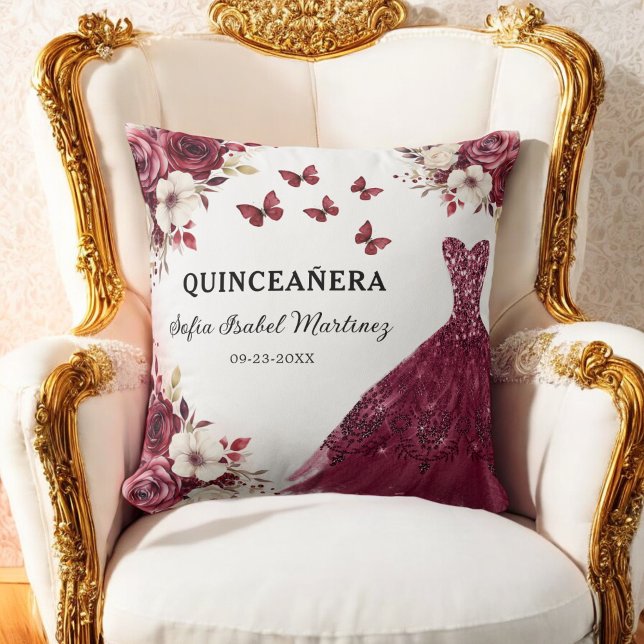 Floral Burgundy Princess Quinceanera Birthday Throw Pillow (Creator Uploaded)